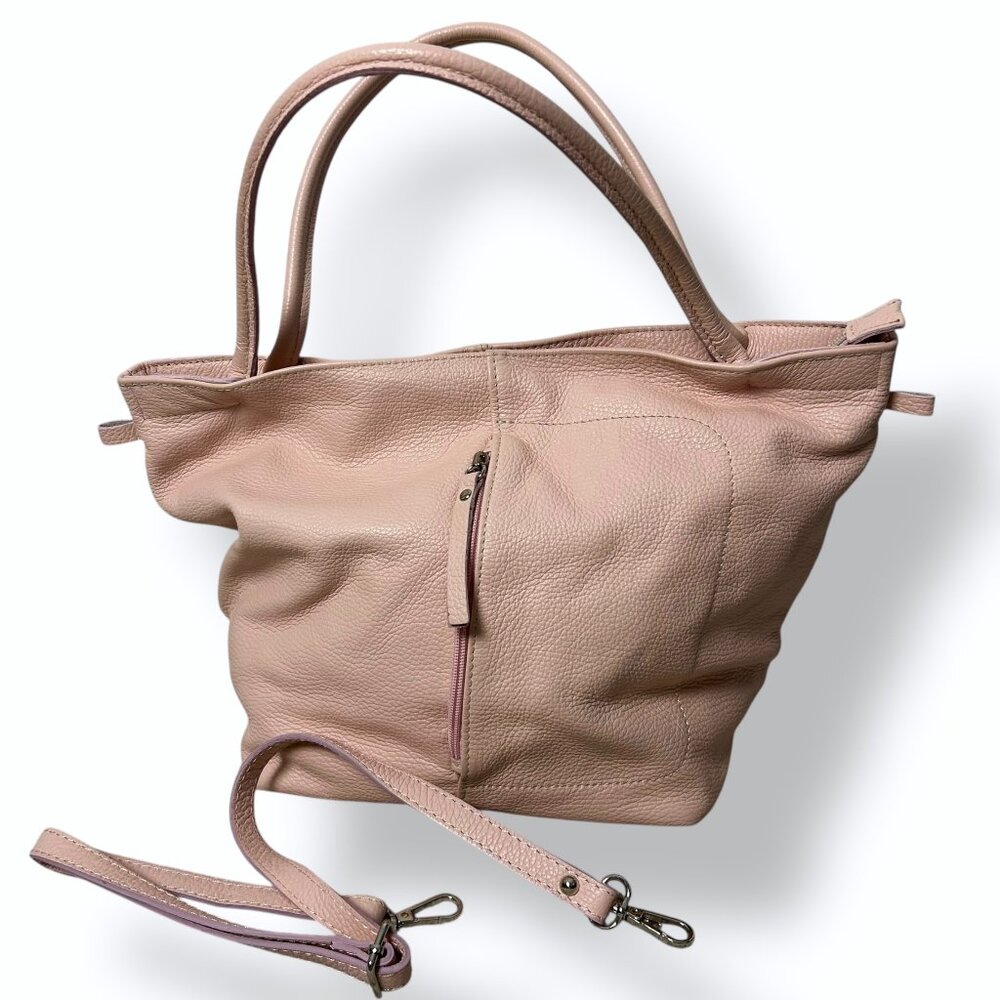 Italian Leather Handbag Purse Pebbled Extra Shoulder Strap Multi Pockets Pink